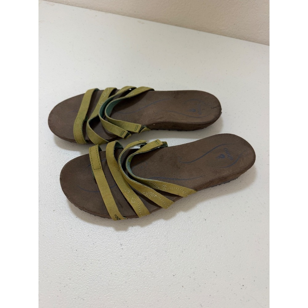 Ahnu Womens Strappy Slide Sandals Olive Green Brown Suede Flat Comfort Size 10in